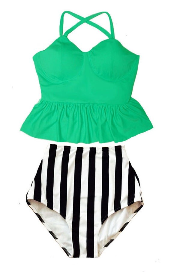 Peplum Swimsuit Bikini Bathing suit : Green Long Peplums Top