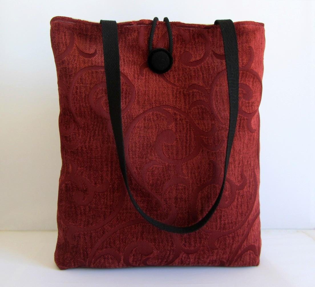 Red chenille tote handmade velvet bag chenille fabric bag