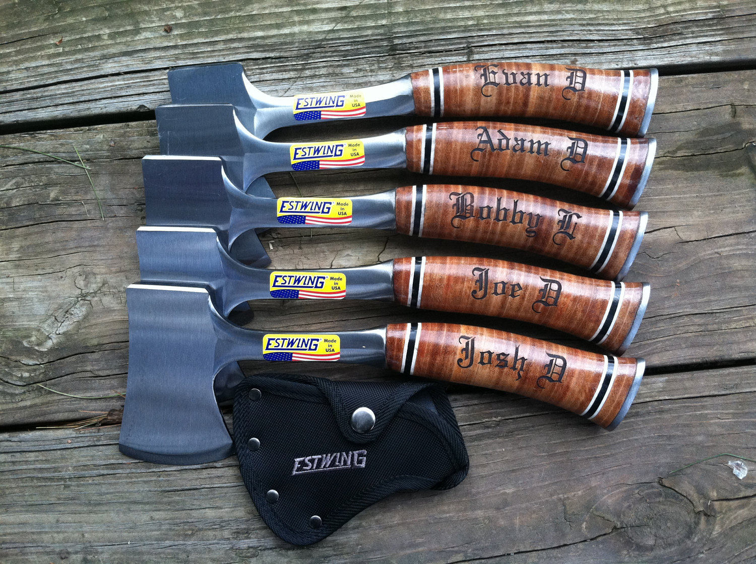 Set of 5 Personalized Engraved Axes with Engraved Leather