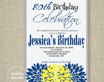 80th Birthday Invitation Navy Blue Yellow and Gray Chevron Flower Bursts Adult Party Invite DIY PRINTABLE JPG File Invite 30a