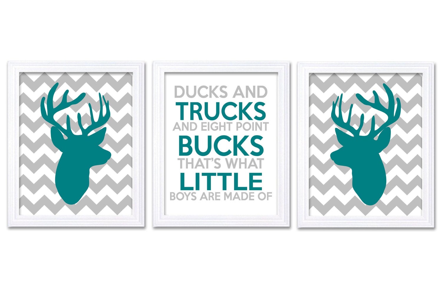 Deer Nursery Art Deer Head Prints Set of 3 Ducks Trucks Bucks Little Boys Are Made of Green Teal Gre