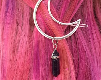 Silver Moon Hair Barrette/ Crystal Crescent Hair Clip/ Gemstone Dangle Barrette/ Moon Hair Clip