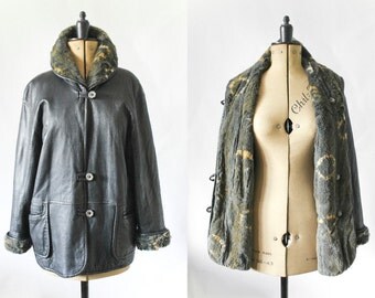 SALE Real Fur Coat • Rabbit Fur Coat • Black Leather Coat • Leather Jacket • Coney Fur Coat • Oversized Vintage Coat • 70s Fur Lined Coat