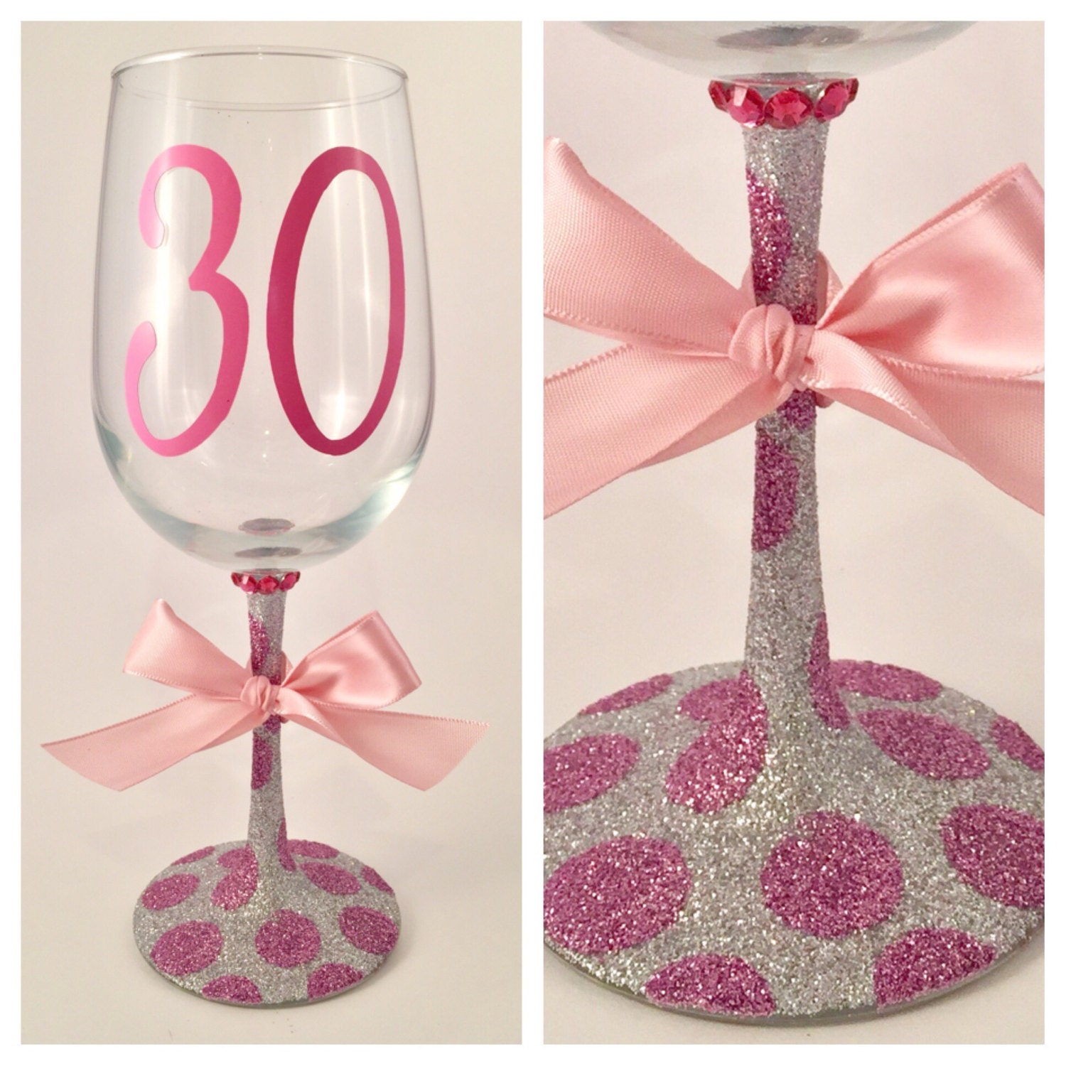 30th birthday glitter wine glass in silver and pink polka