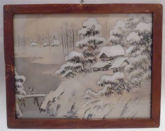 ANTIQUE SILK PAINTING Signed Characters Stamp Seal Wood Glass Framed Asian Art Japan China Snow Falling Landscape Bridge Snow Capped Trees