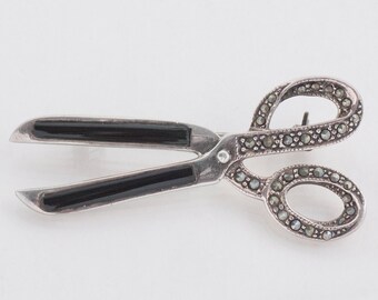 Vintage Pin - Vintage Sterling Silver Onyx & Marcasite Scissor Pin