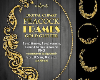 Peacock frame clipart. Digital Gold glitter oval, round frames, borders clipart. Printable frame. Instant download PNG format. Business use