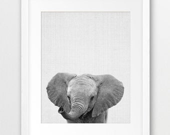 Elephant Print, Baby Animals Wall Art, Safari African Animal, Baby Elephant Photo, Black White Nursery Animal Print, Kids Room Printable Art