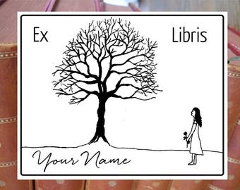 Bookplate stamp or stickers "Girl with tree", custom bookplate, personalised exlibris, library stamp, book stamp, librarian stamp, 178