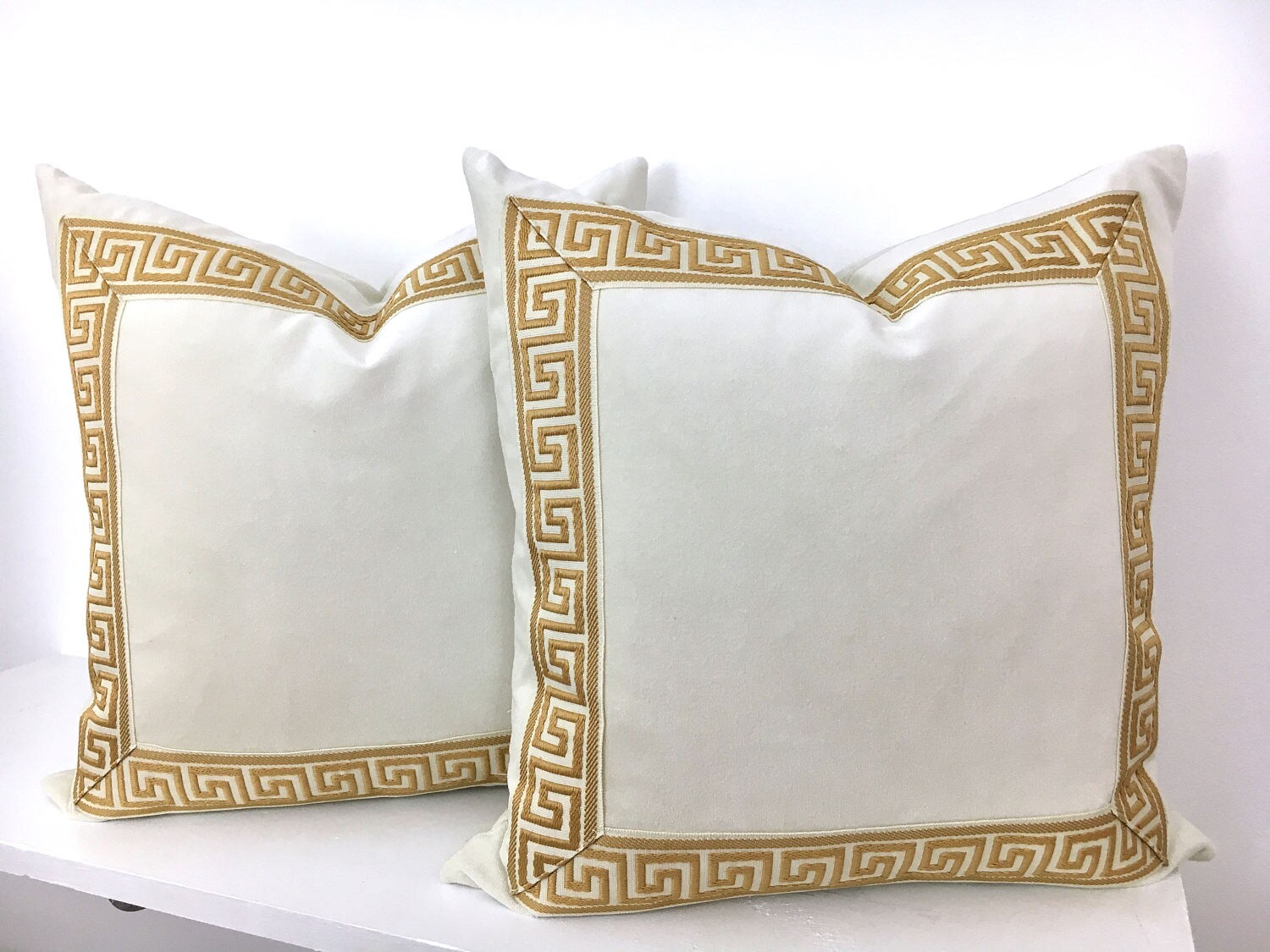 OffWhite Pillow Cover with Greek Key Trim Ivory Velvet