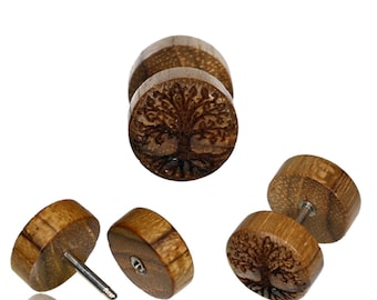 Fake motif wooden plug piercing stainless steel tree of life (OHP-192-6)
