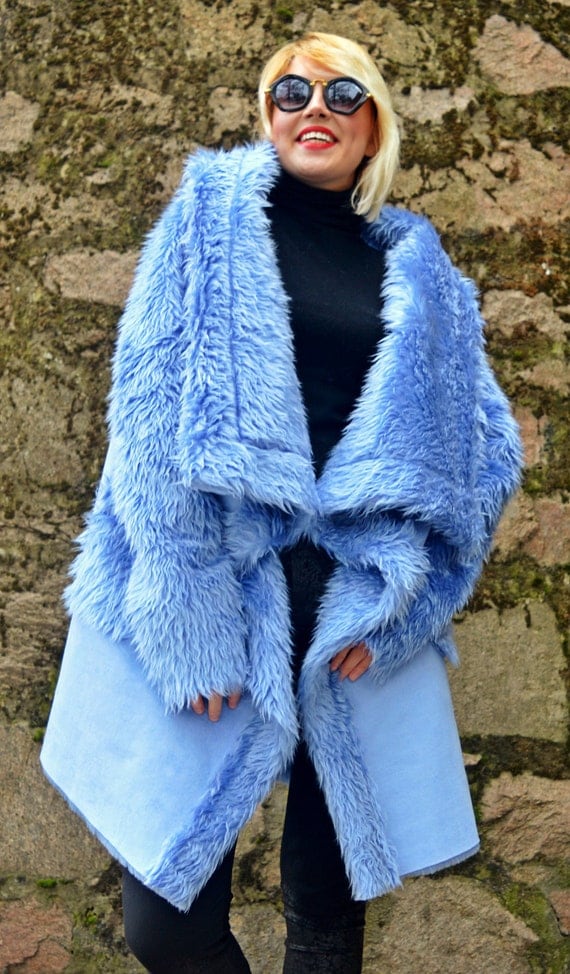 Light Blue Faux Sheepskin Coat / Extravagant Light Blue Coat /