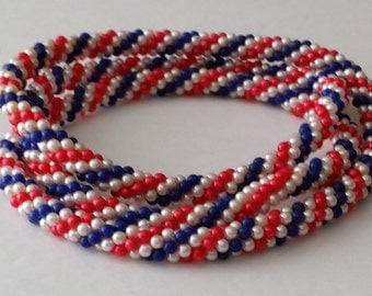 Beautiful Vintage Faux Seed Pearl Beads Classic USA Patriotic Endless Infinity Beaded Torsade Rope Necklace