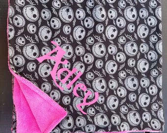 Nightmare before Christmas, baby, blanket, bib, burp cloth, jack skellington, Halloween, dead, sally, tim Burton, cartoon, bone