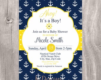 Nautical Baby Shower Invitation, Navy and Yellow Printable Invite, Nautical Ahoy Its a Boy Printable Baby Shower Invitation, Boy Baby Shower