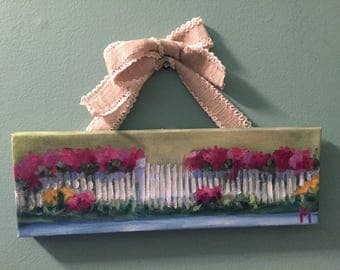 Picket fence painting, cottage chic, country art, floral landscape, ready to hang