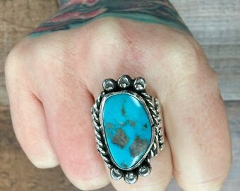 Native American Turquoise + Sterling Silver Ring Size 10 1/2