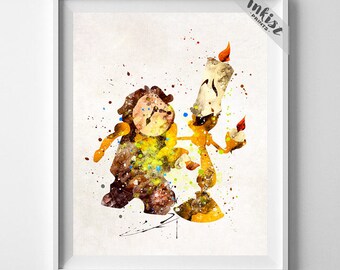 Beauty and the Beast, Cogsworth Print, Lumiere Print, Cogsworth, Watercolor Art, Lumiere, Disney Poster, Nursery Posters, Gift For Him