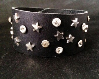 Night Sky Leather Wrist Cuff Covered In Crystal And Star Studs