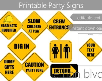 Construction Party Signs | Construction Instant Digital Download | Editable Text | Construction Road Signs | Construction Party