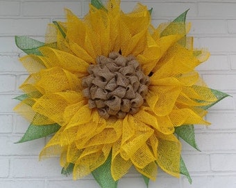 Yellow Poly Burlap Sunflower Wreath with Lime Leaves