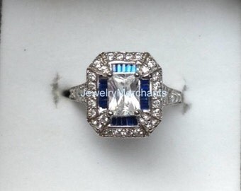 Solitaire Art Deco Engagement Ring 2.75 Ct White Emerald Cut Wedding Bridal Ring 925 Sterling Silver 10K White Gold Finish Anniversary Ring