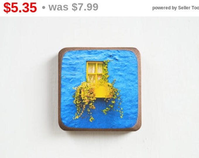 Window // Wooden magnet in the technique of decoupage rustic, shabby chic and vintage // ECO // Yellow and Blue // Neon colors