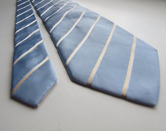 Silk necktie, light blue silk necktie, JAGUAR tie, 100% Silk Hand Made in Italy striped Mens tie sky blue striped champagne color stripes