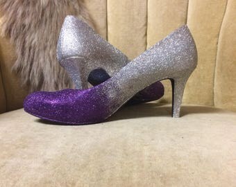 Custom made to order. Glitter high heels. Ombre purple and silver.