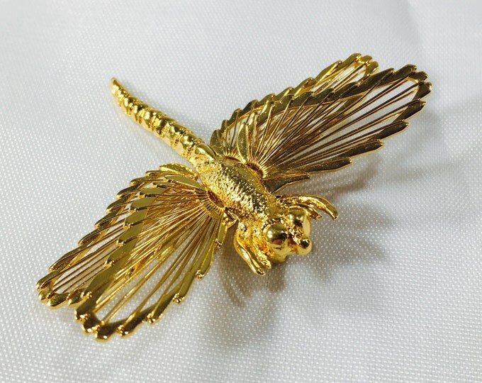 Storewide 25% Off SALE Vintage Gold Tone Monet Open Winged Dragonfly Designer Brooch Pin Featuring Elegant High Gloss Finish