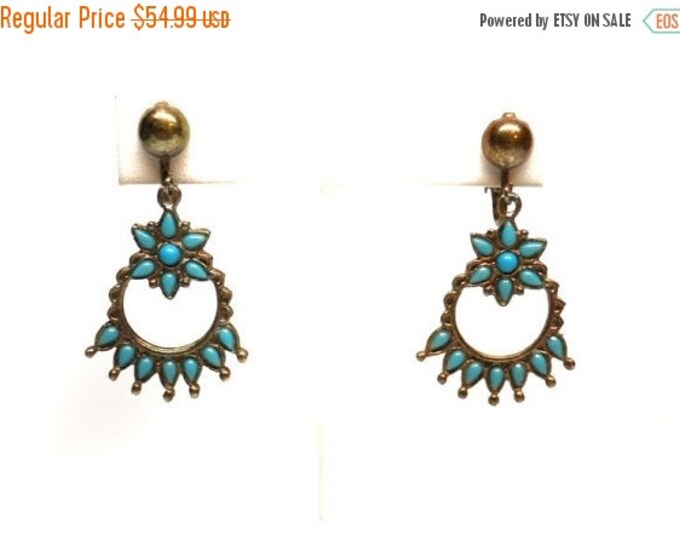 Storewide 25% Off SALE Vintage Southwestern Petite Point Faux Turquoise Designer Drop Earrings Featuring Highly Detailed Design