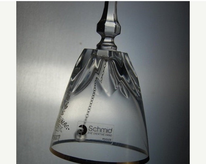 Storewide 25% Off SALE Vintage Original Schmid Clear Crystal Handled Anniversary Bell Featuring Gold Leaf Design And Writing With Iconic Cry