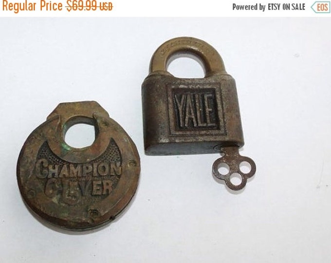 Storewide 25% Off SALE Very Old Antique Pair of YALE & Champion 6 Lever Padlocks Featuring all Original Detail Work and Skeleton Key