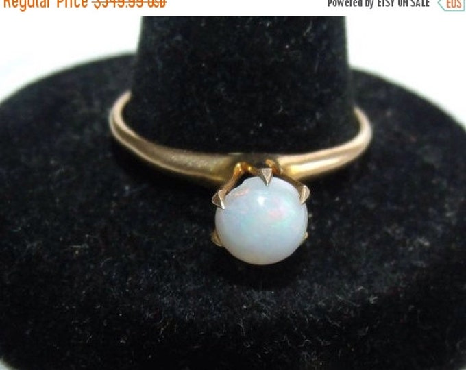 Storewide 25% Off SALE Vintage Cream Opal Cabochon 10k Yellow Gold Designer Solitaire Ring Featuring Translucent Speckled Design Finish