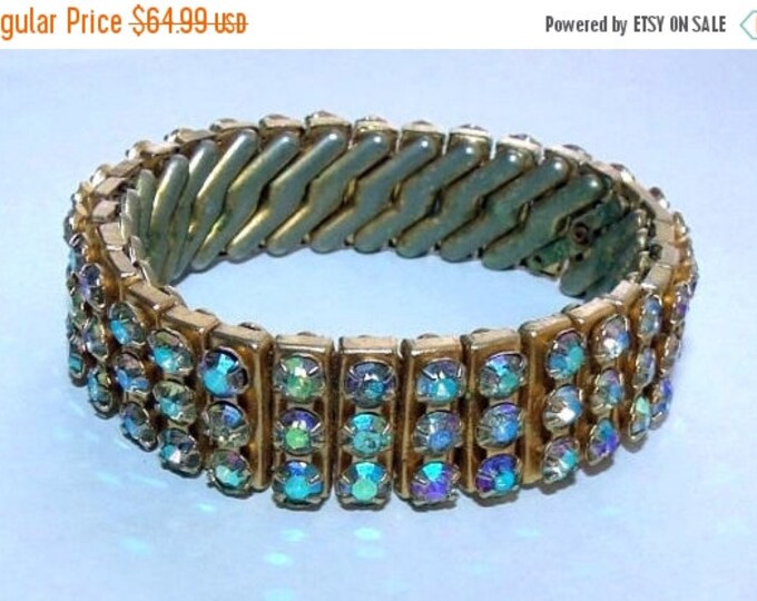 Storewide 25% Off SALE Delicately Crafted Vintage Silvertone Aurora Borealis Expansion Bracelet Thats Prong Set With 93 Stones