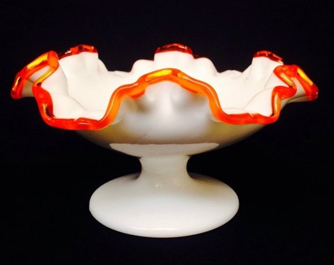 Storewide 25% Off SALE Rare Limited Edition Vintage 1963 Fenton Flame Crested White Milk Glass Pedestal Bowl Featuring Ruffled Orange Trim D