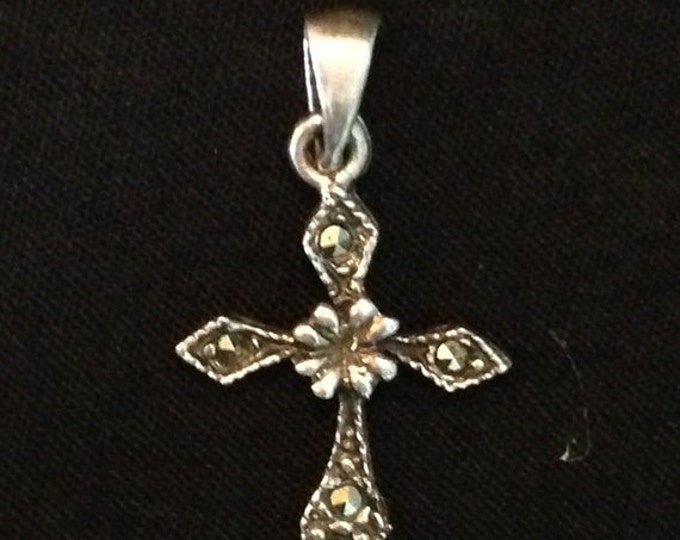 Storewide 25% Off SALE Vintage Sterling Silver Victorian Gothic Cross Pendant Featuring Black Diamond Accents And Center Flower Accent