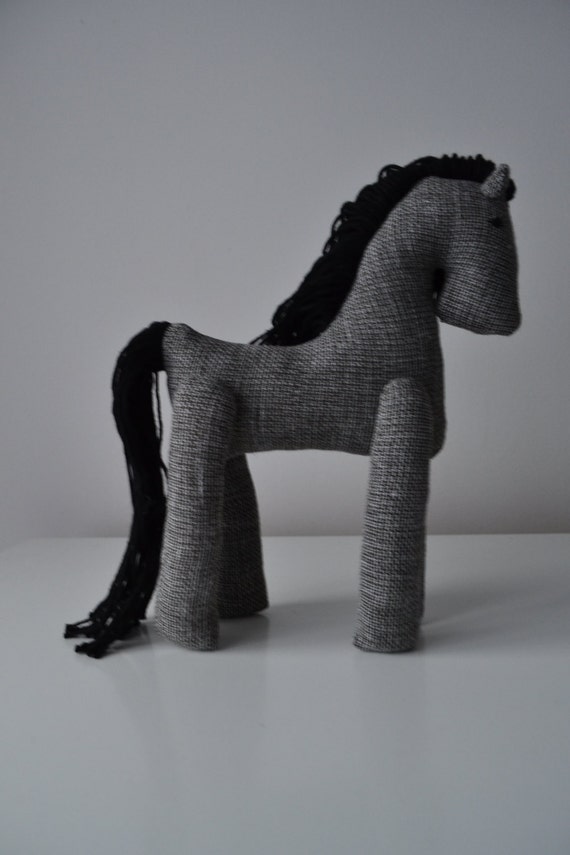 Grey fabric hand made soft toy horse. Original gift for girl