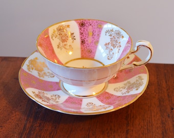 Paragon Pink Bone China Teacup and Saucer - made in England, Panelled Cabinet Duo with wide mouth and center snowflake, Hand numbered