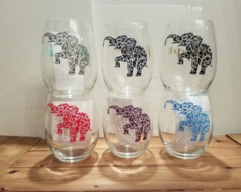 Elephant Wine Glass, Elephant Stemless Wine Glass, Custom Wine Glass, Wine Glass, Birthday Gift, Custom Birthday Glass