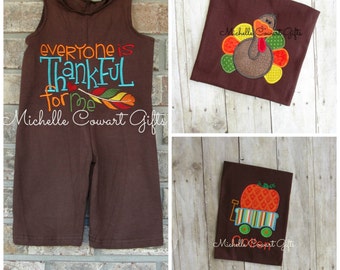 Thanksgiving Outfit, Fall Outfit, Everyone is Thankful for Me, Jon Jon, Boys, shortall, Toddler, Romper, Turkey, Pumpkin Cart, Personalized
