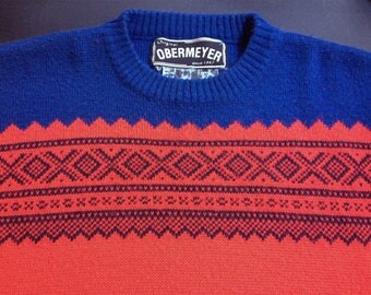 Vintage 1980s Red and Blue Nordic Ski Sweater Obermeyer L