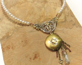 Pirate Necklace, Steampunk Locket Necklace, Pirate Pearl Necklace, Brass Locket, Key, Chains, Cogs, Opening Locket, Steampunk Vial, Sapphire