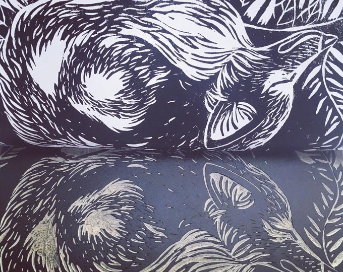 Fox Cub Sleeping - Original Linocut Illustration Print A4 Foxes Cute Nature