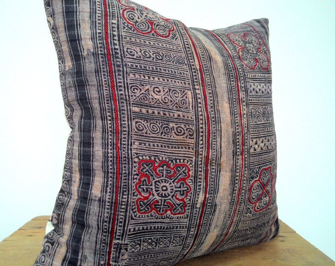 20"x20" Hmong Vintage Indigo Brown Batik Hemp Pillow Cover/ Rare Exotic Hemp Textile /Boho Pillow / Hmong Ethnic Costume Textile Pillow Case