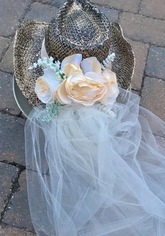Bridal hat ivory weddings bachelorette veil cowgirl hat