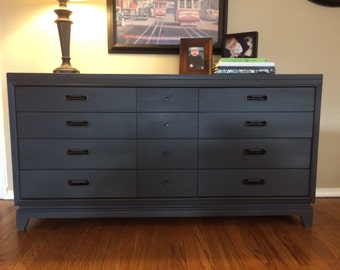 SOLD: Gray Mid Century Credenza / Sideboard / Buffet / Low Dresser / Graphite / Chalk Paint / Annie Sloan