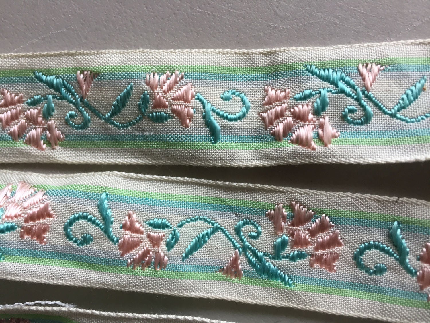 Vintage Floral Ribbon with Green and Pink Floral Design on white Background with Green edging, 7
