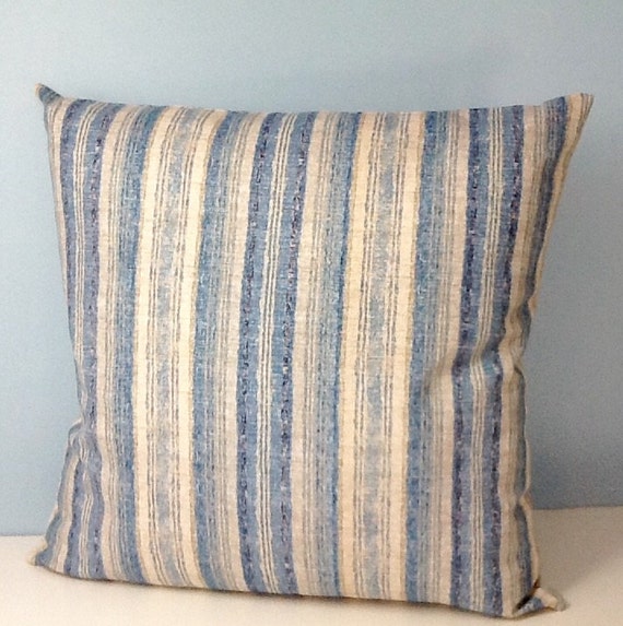 Blue stripe pillow. Coastal throw pillow cover. Denim blue