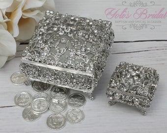 FAST SHIPPING!! Beautiful Swarovski Crystal Wedding Rings and Arras Box Set, Jewelry Box, Rosary Box